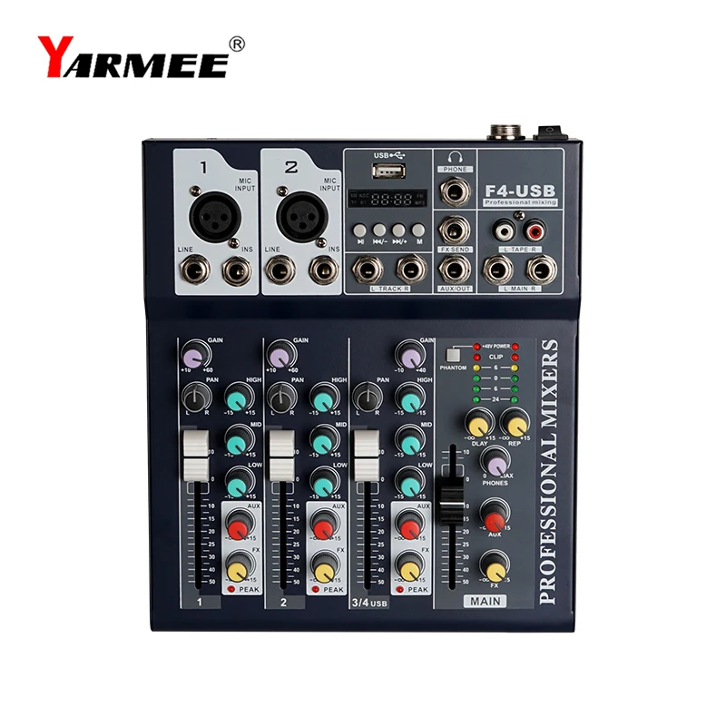 Bluetooth Portable Audio Mixer USB Record Computer DJ Sound Mixing Console 4 Channel Karaoke Amplifier System 48V Phantom Power