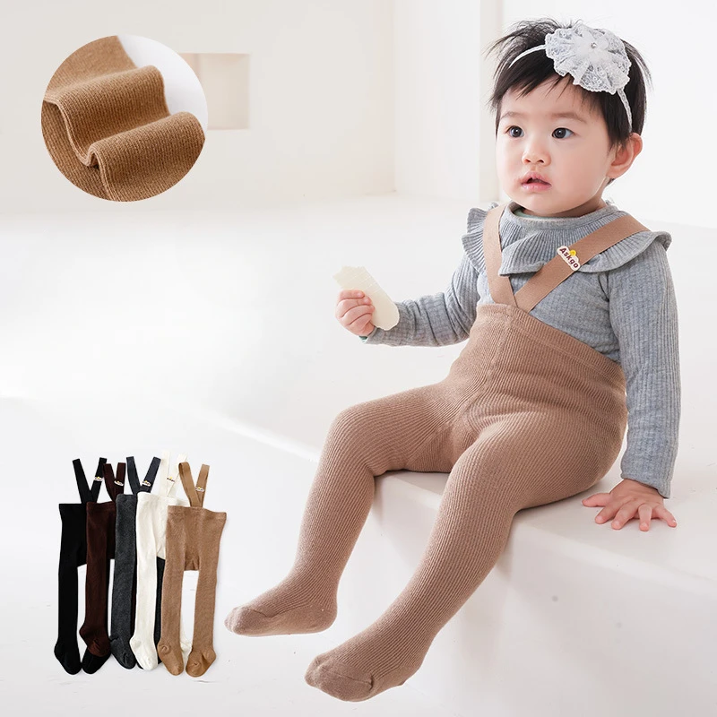 Newborn Baby Boys Girls Pantyhose Solid High Waist Ribbed Knit Tight Infant Spring Autumn Strap Leggings 2