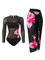 2026 Printed Mesh Swimsuit One Piece & Beach Dress Long Sleeves Swimwear Women Bathing Swimming Swim Suit Padded Beachwear