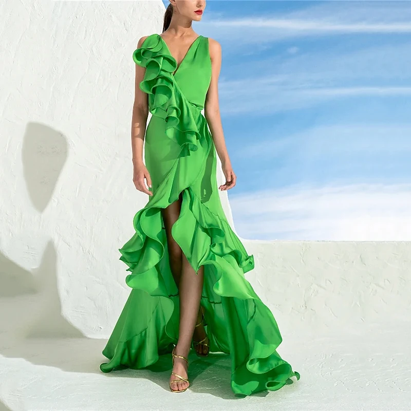 

UZN Chic Green Mermaid Prom Dresses V-Neck Straps Satin Evening Dress Ruffle Asymmetric Women Party Gowns Custom Size