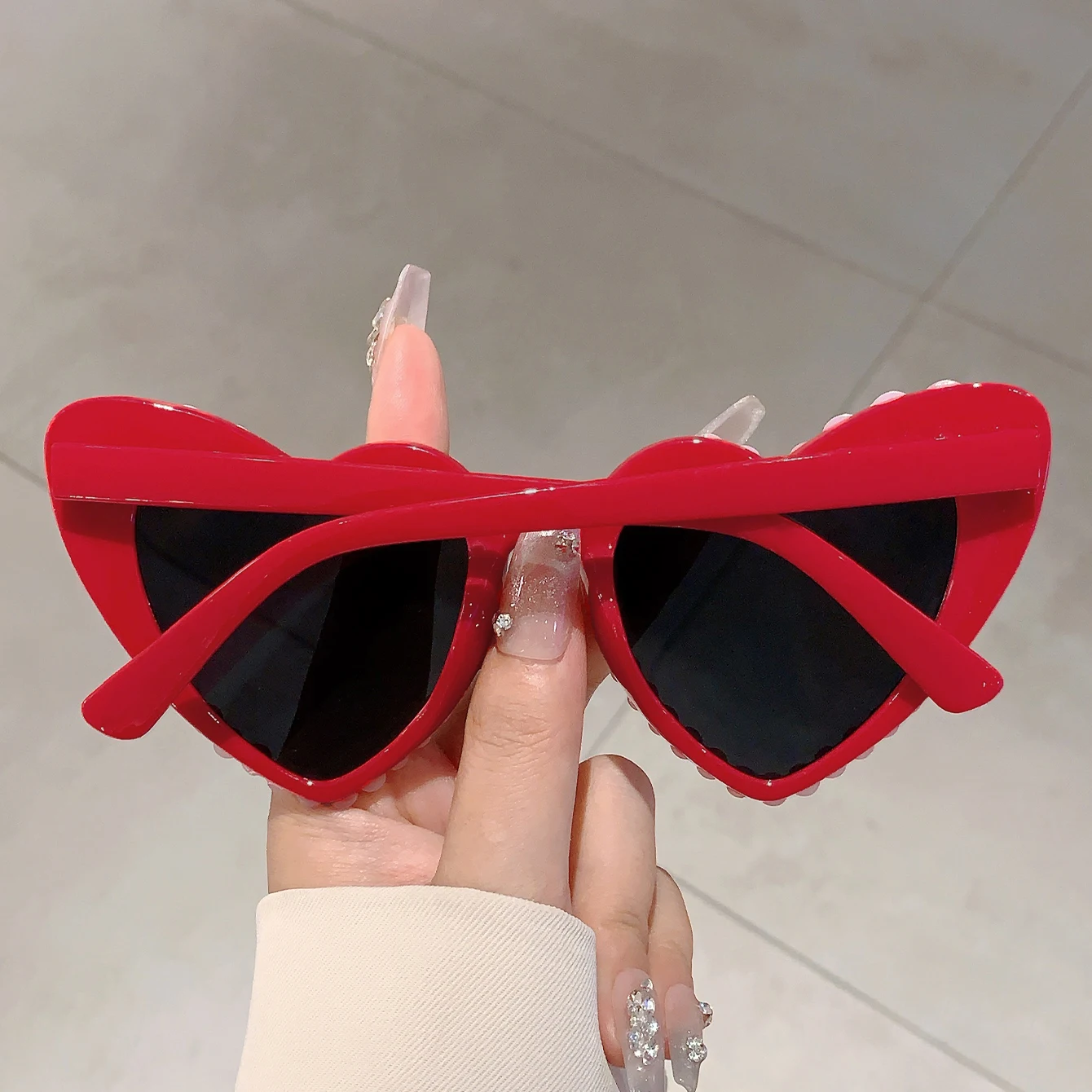 KAMMPT Stilvolle Herz-Designer-Sonnenbrille, weiße Perle, Bonbonfarben, Dekor, Sonnenbrille, Modemarke, rosa Strand-Sonnenbrille für Damen – Detail 13