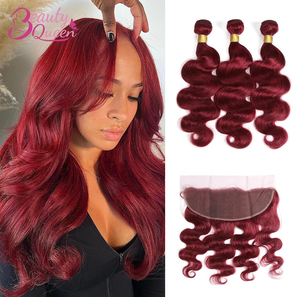 99J Red Bundles with Lace Frontal Body Wave 100% Human Hair Weave 3 Bundles with 13x4 Lace Frontal Burgundy Closure