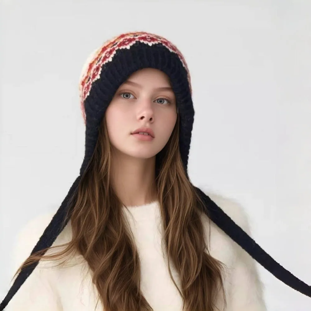 New Pompom Warm Hat Windproof Knitted Beanie Cap Thickned Cold Proof Ear Protection Hat Women
