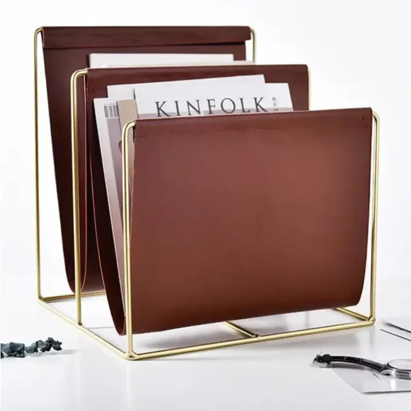 Luxury Nordic Modern Metal Leather Magazine Rack Home Sofa Corner Storage Creative Handle Bookshelf