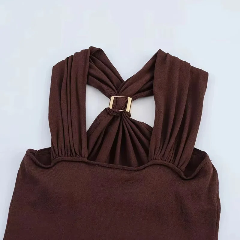 New Halter Tops Fashion Metal Decoration Crop Top Woman 2025 Sleeveless Hanging Collar Short Tops For Women Sexy Party Top