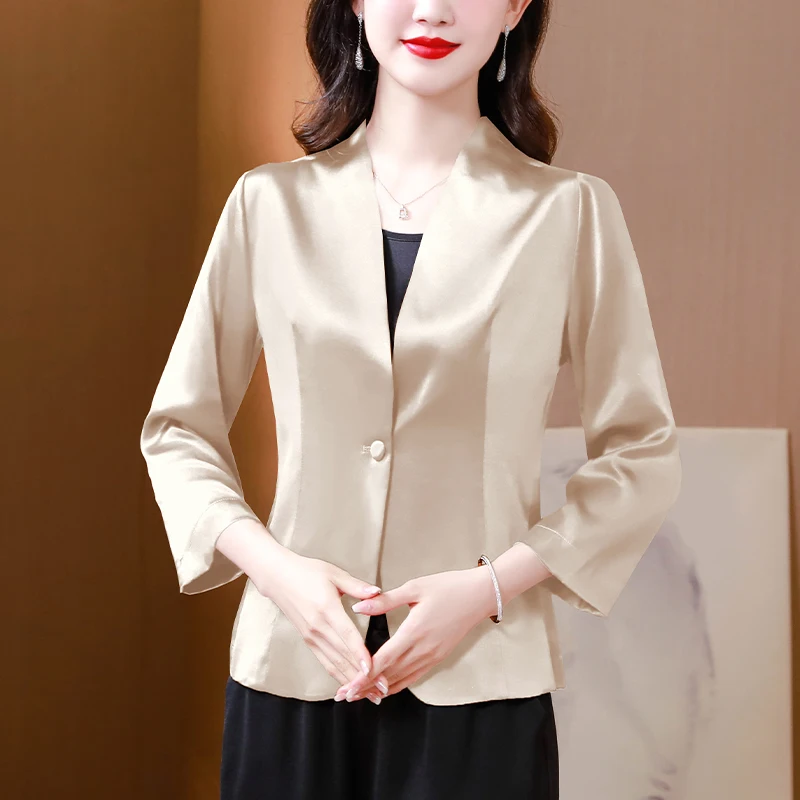 

M-4XL Elegant Fashion Silk Satin Short Coat Spring Autumn 2023 Suit Jacket Simgle Button Women Outerwear