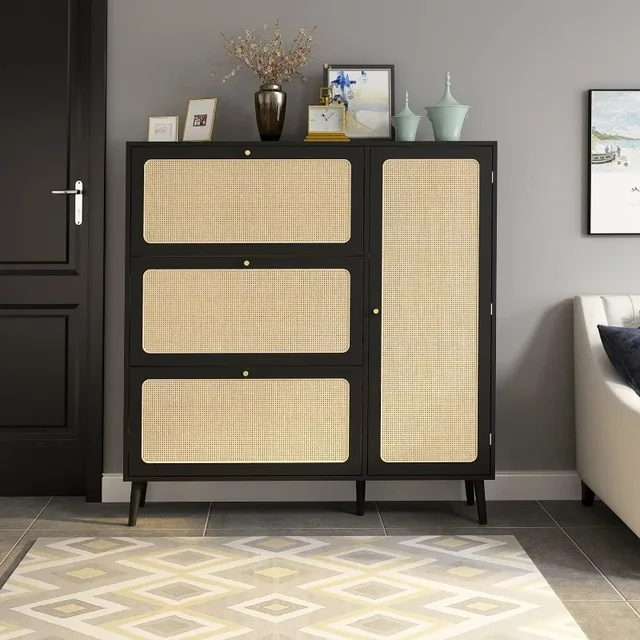 FOKWE Natural Rattan Shoe Cabinet, Shoe Cabinet with 3 Flip Drawers and Storage Shelves, Modern 3-Tier Shoe Rack Storage Cabinet 3
