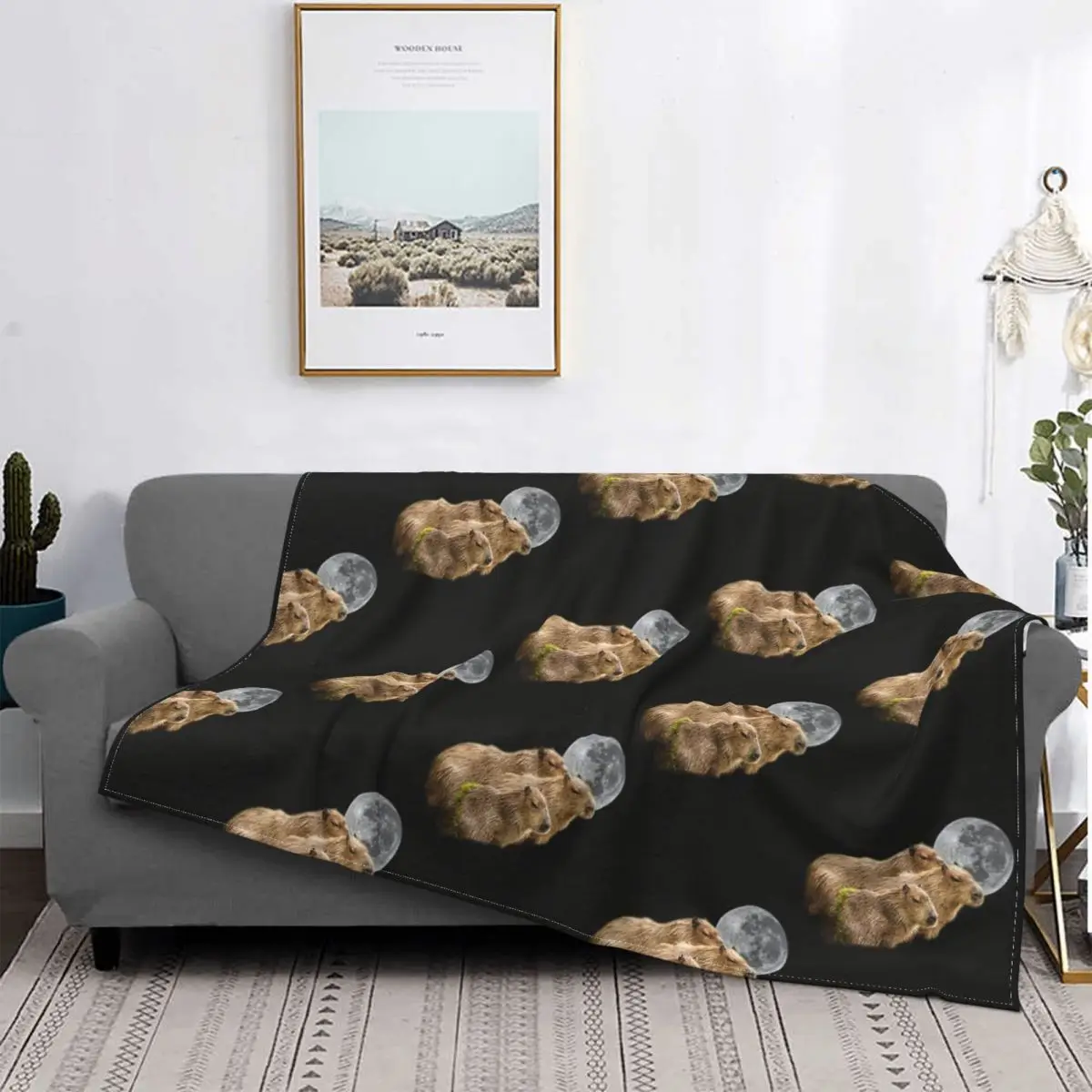 

Three Moon Capybaras Cute Animal Blanket Velvet Textile Decor Breathable Lightweight Throw Blanket for Sofa Bedroom Quilt