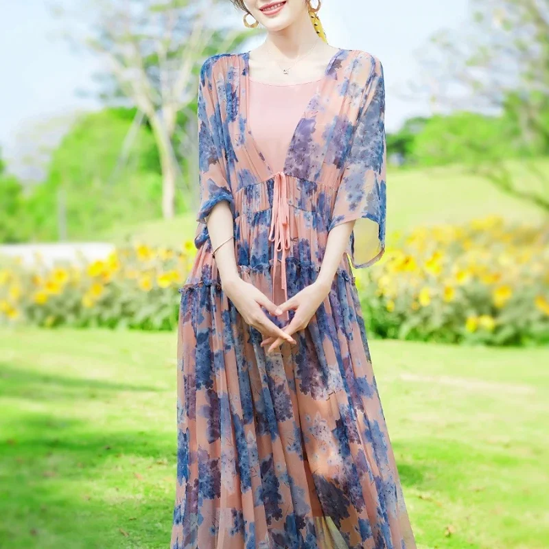 

High-end Dresses For Women Summer 100% Silk Dress Women's Floral Long Dress V-neck Slim Elegant Dresses Two Pieces Suit Vestidos