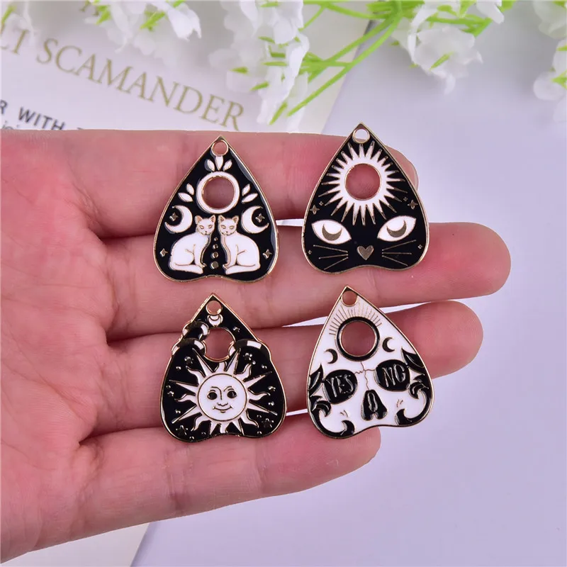 

10pcs 26x22MM Enamel Sun Moon Cat Charm Jewelry Making Supplies Bulk Gothic Earring Necklace Pendant Ghost Witch Crafts Metal