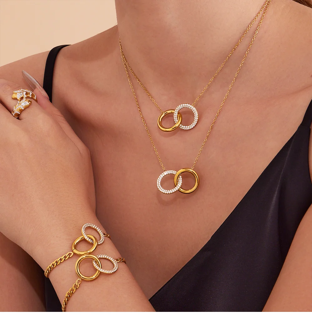 Goldene Silber glänzende Zirkon Doppelring Anhänger Halskette Damen Edelstahl vergoldet Kette Armband Luxus Schmuckset – Detail 6