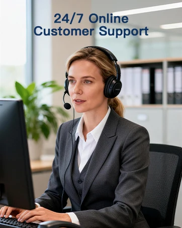Text reads '24/7 Online Customer Support'. Professional setting showing customer service representative wearing headset at computer workstation in modern office environment.