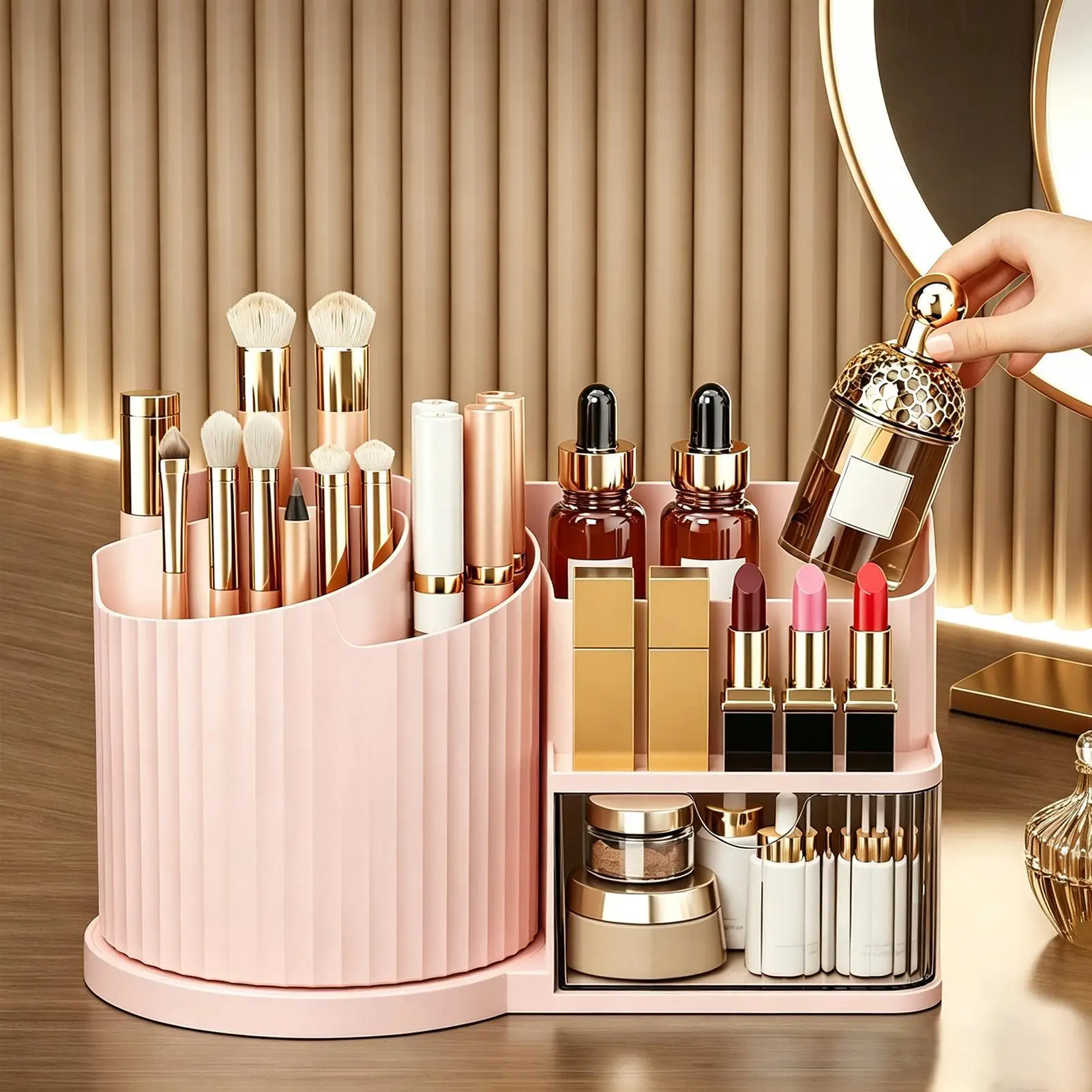 Rotating Countertop Makeup Organizer with Drawer for Skincare and Cosmetics