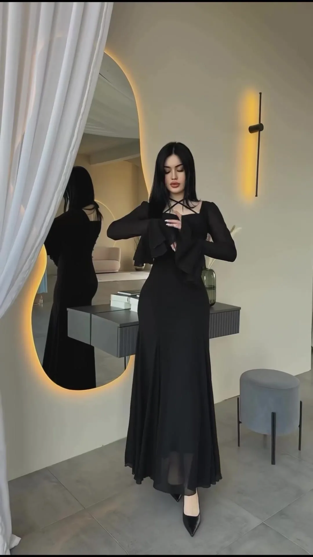 Fashion Autumn Ruffled Long Dress Women Bandage Slim High Waist Elegant Patchwork Party Dress Women's Chiffon Maxi Dress