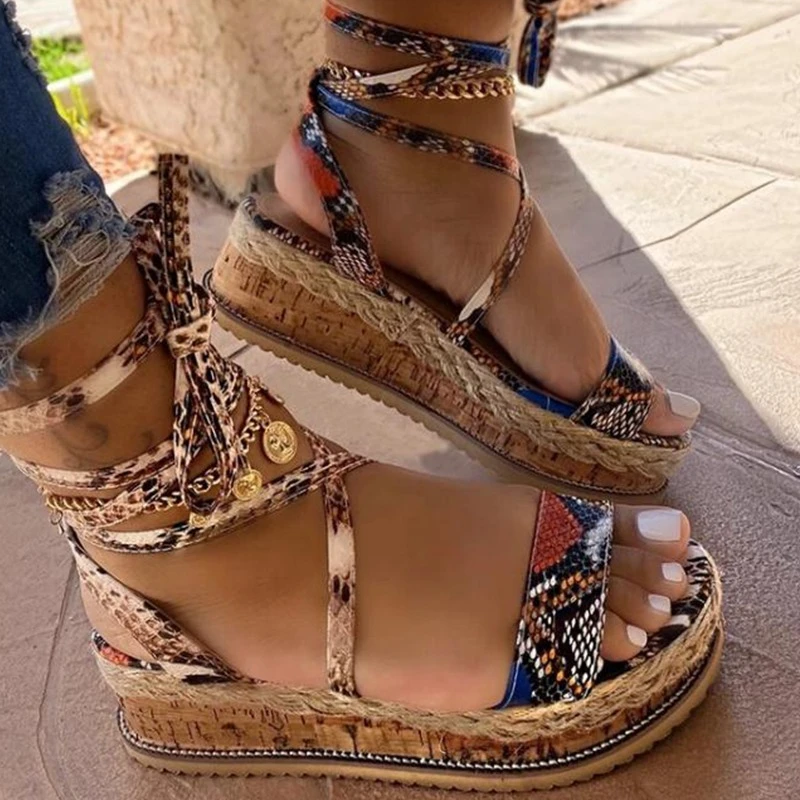 ZR Sandalias de serpiente con plataforma para mujer, Zapatos de tacón con correa cruzada en el tobillo, con encaje y Punta abierta, para fiesta la playa, 2022| | - AliExpress