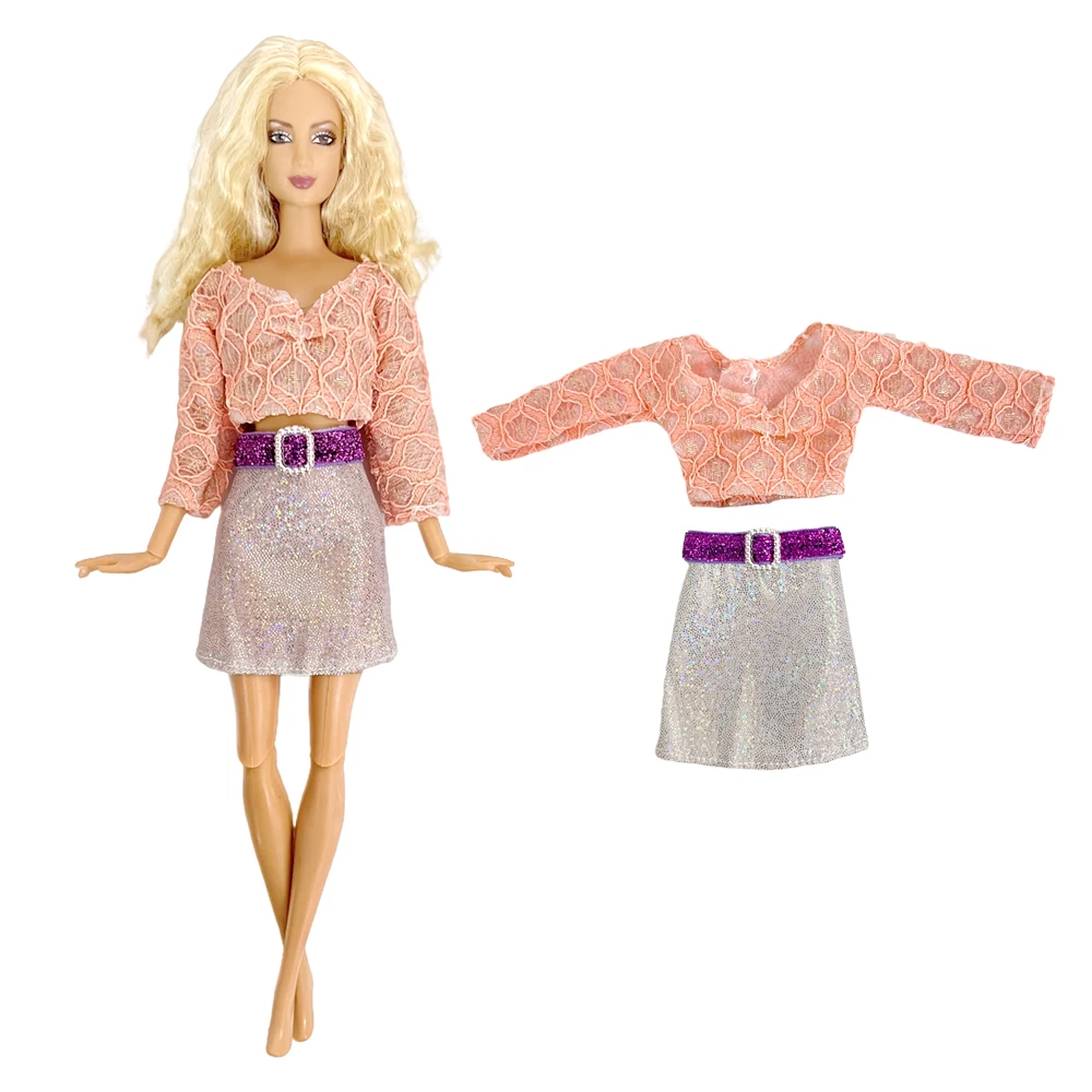 

NK 1 Set 1/6 Princess Fashion Pink V-Neck Long Sleeve Top Noble Silver A-Line Skirt Clothes For Barbie Doll Accessories Gift Toy