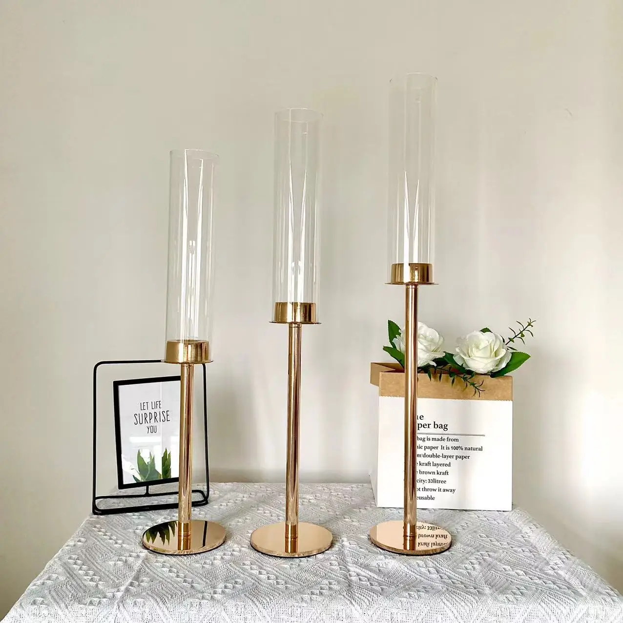GoldCandlestickHolderTallHurricaneCandleHolder20sets60pcsTaper