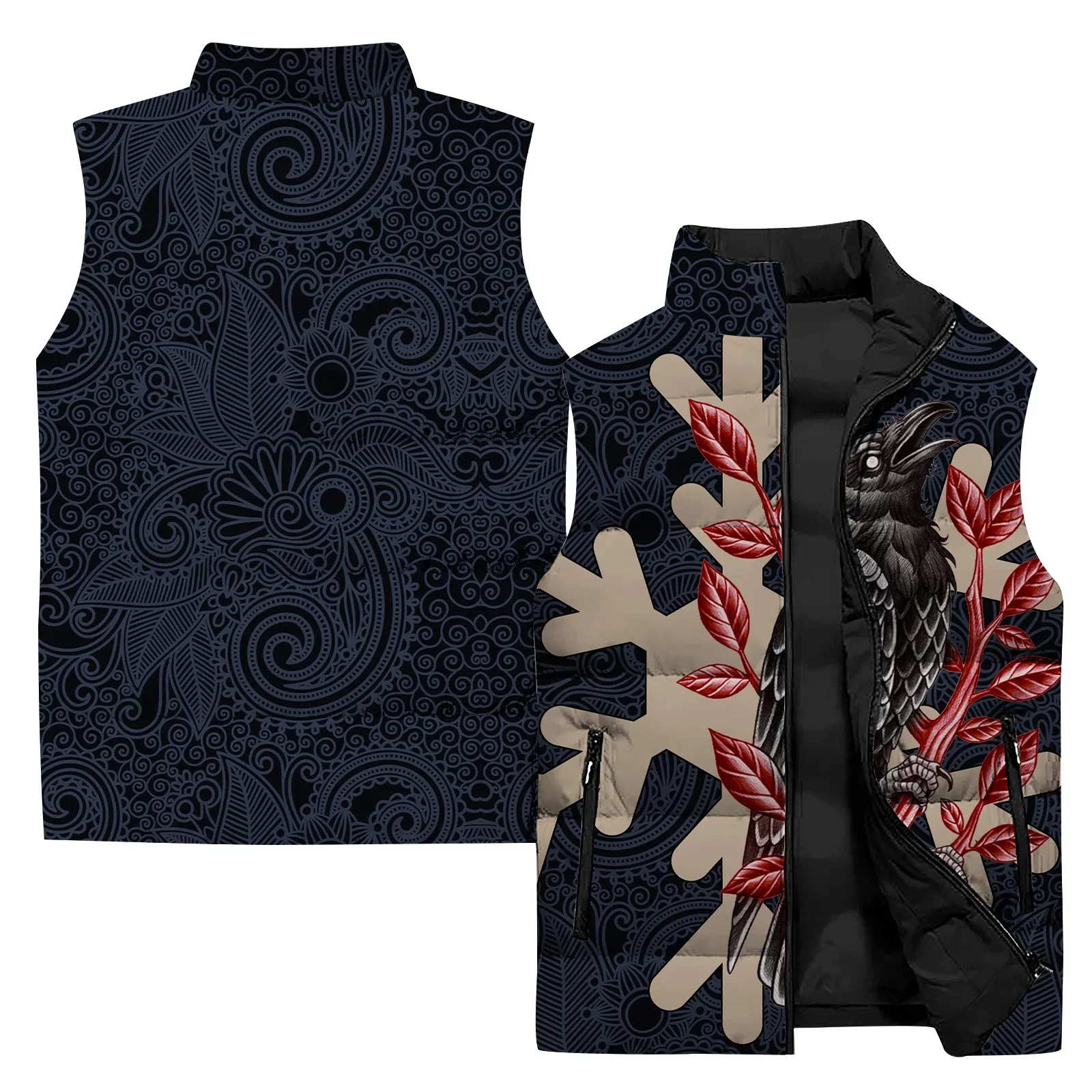 thumbnail image 1 of Chaleco moderno y versátil para hombre, elegante chaqueta de invierno con estampado de pájaros para hombre, ropa cómoda y cálida con estampado de cuervos personalizado, 1 of 5