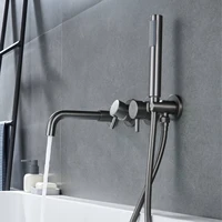 Simple luxury gun gray brass bathroom faucet with wall design and a dual handle bathtub mixer for both hot and cold water 2