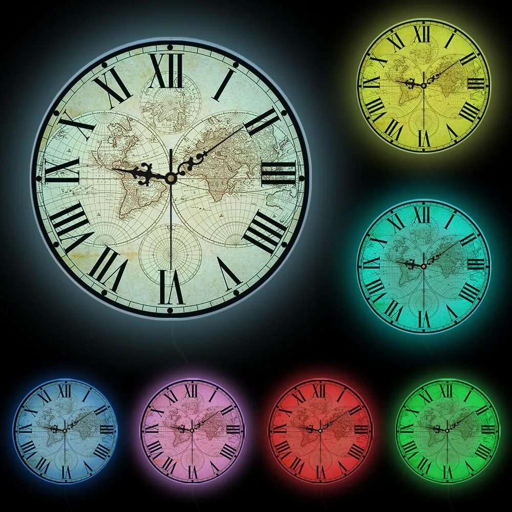 17Th Century Antique World Map Wall Clock White Frame With LED  