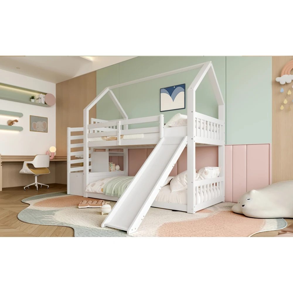 Etagenbett mit Treppe und Rutsche, Hausbett (ohne Matratze), Kinderbett mit Geländer, geeignet für Kinder, 90x200cm – Detail 22