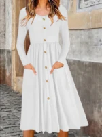 Elegant Solid Color Button-Detail Round Neck Long Sleeve Mid-Length Plus Size Women's Dress for Autumn - Image 5