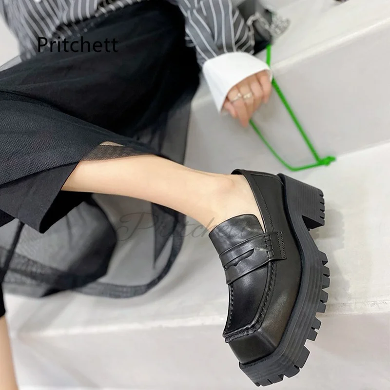 Neutral Square Toe Single Shoes for Men Women Thick Bottom British Style Retro Slip On Loafers Women's Leather Shoes Couple 3