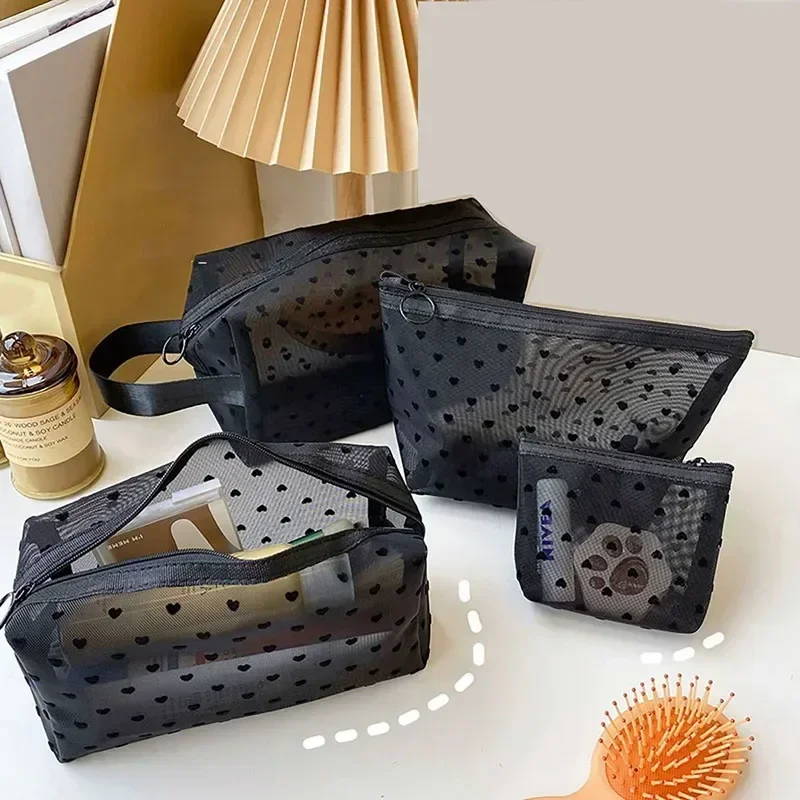 Heart-Shaped Nylon Mesh Cosmetic Bag – Multifunctional Zipper Pouch
