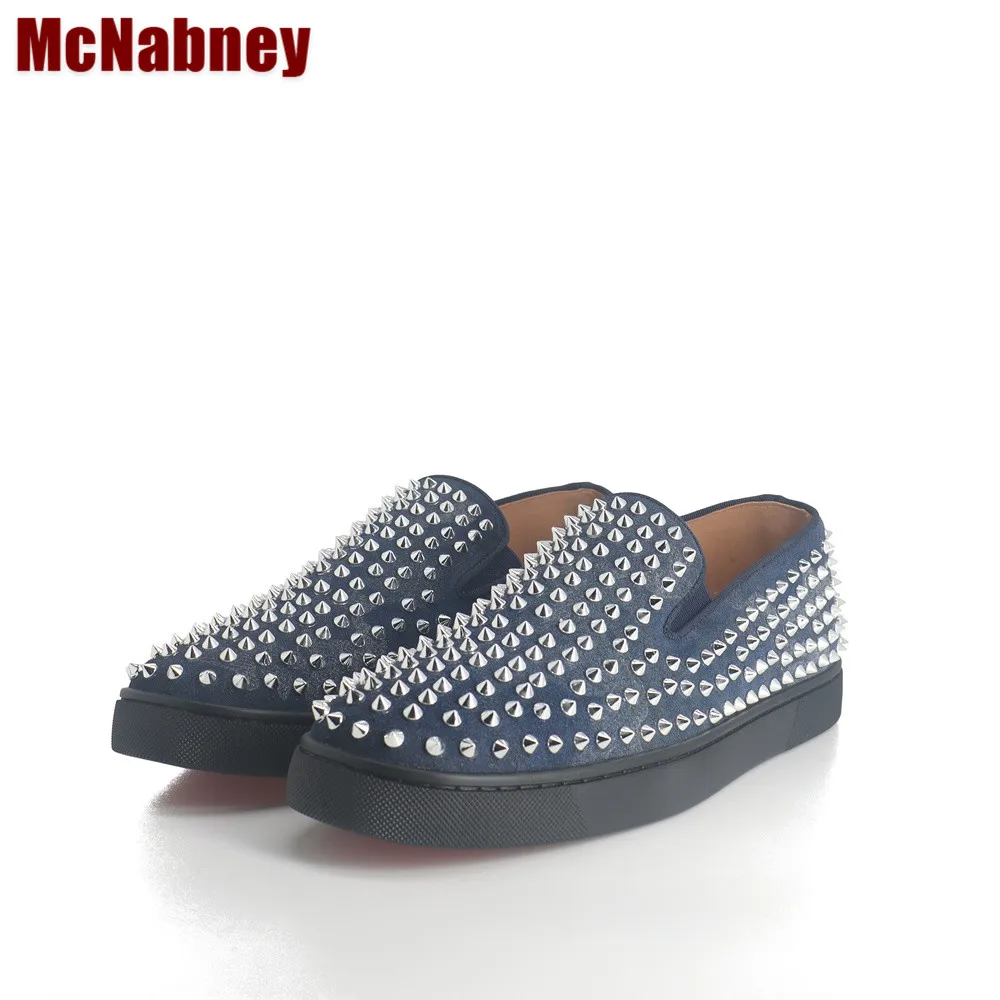 

Newest Fashion Men Handmade Studs Spike Shoes Black Glitter Loafers Platform Runway Shining Rivets Party Casual Shoes Silver