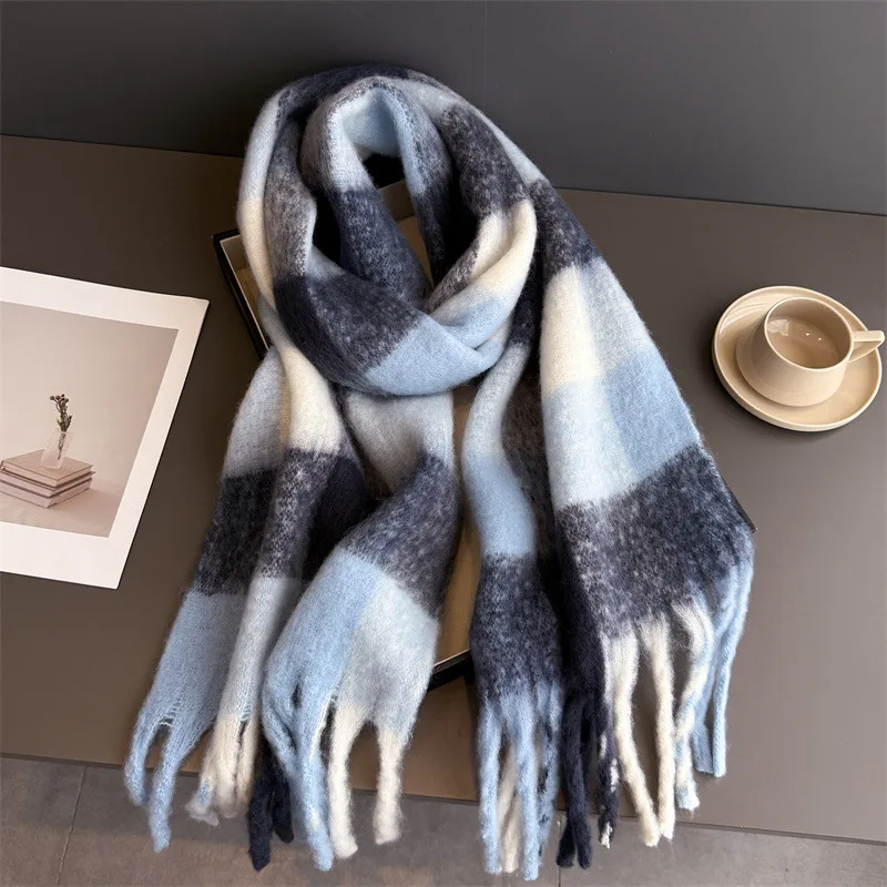 Winter Warm Thick Scarf Women Mohair Plaid Soft Tassel Shawl Wrap Pashmina Checkered Large Neck Blanket Scarf
