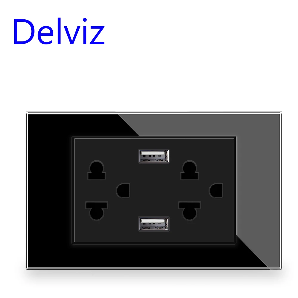 Delviz Thai Standard USB Socket, 2A Dual USB Charger Port,120mm*72mm panel, Thailand AC 110~250V, Wall Embedded 15A Power Outlet