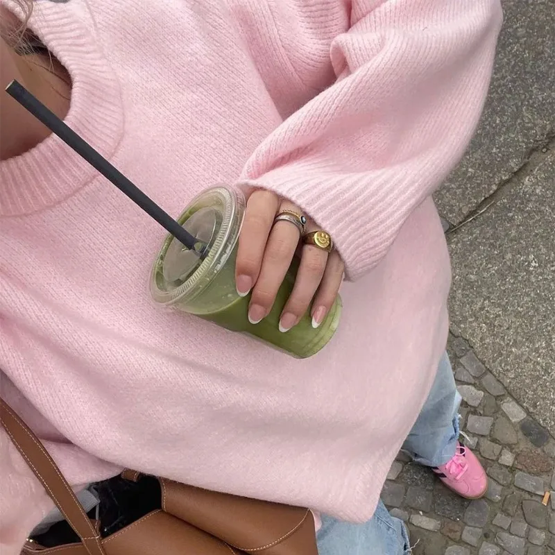 Talenza Autumn Knitted Sweater Women's Pink O-neck Loose Casual Long-Sleeved Pullover Commuting Women's Pullover Jacket Sweater 4