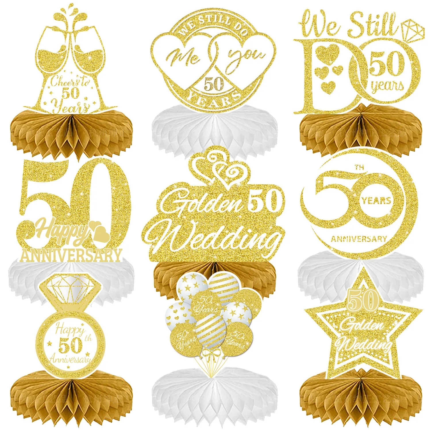 

9pcs Golden 50 Wedding Honeycomb Desktop Ornament Cheer To 50 Year Happy 50th Anniversary Party Decor Spouse Favor