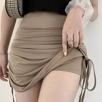 ZOCI Women Summer Mini Skirts Drawstring Sexy High Waist Wrapped Hip Skirt Female Wild Solid Folds Slim Elastic Shorts Skirts 1