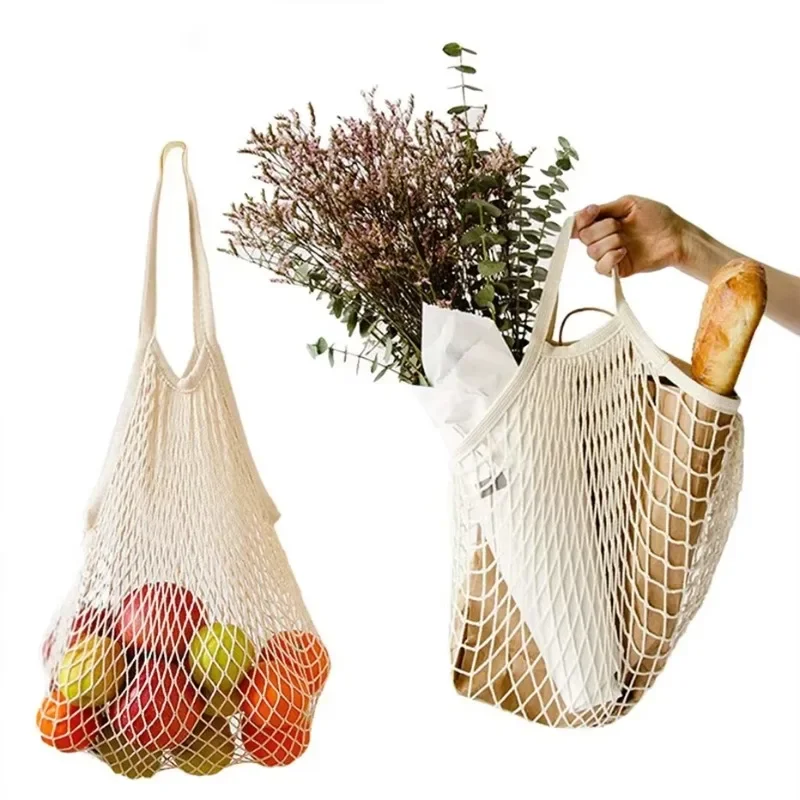 Short Handle Net Tote Portable Reusable Grocery Bags Fruit Vegetable Bag Washable Cotton Mesh String Organic Organizer Handbag