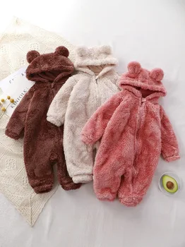 Baby Bear Romper Hooded Plush Fleece Jumpsuit Full Zip Warm Winter Crawling Clothes For Newborns