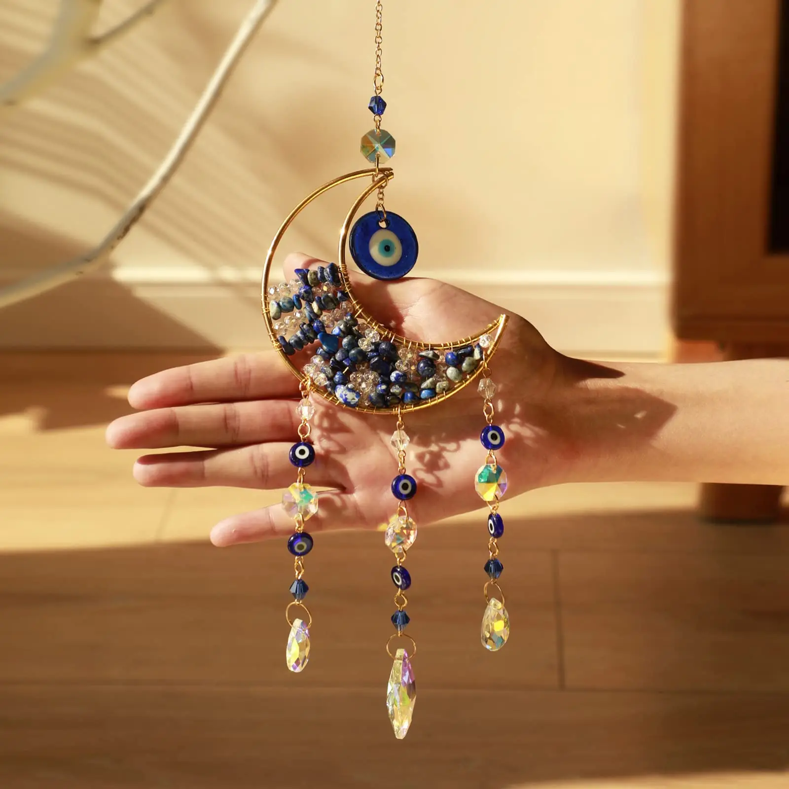 Crystal Suncatcher Moon Star Wall Hanging Decor Healing Crystals Rainbow Maker for Garden Outdoor Decoration Spring Window Decor