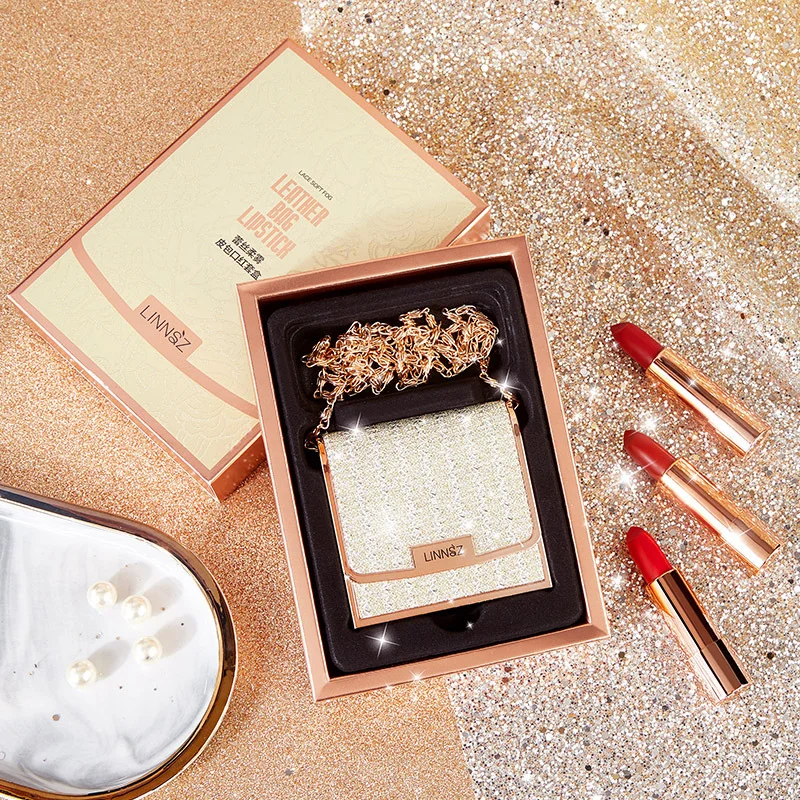 Velvet Lipstick 3pcs with Chain Bag Gift Waterproof Non-Stick Long-Lasting Rotating Makeup Set Valentine's Day Gift