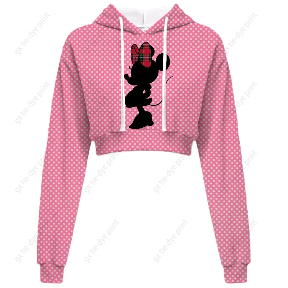

Fashion Women's Disney Minnie Mickey Print Hooded Sweatshirt 2023 Autumn New Items Long Sleeve Short style Tops Female