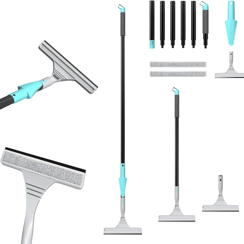 2-in-1 Telescopic Window Cleaner with Squeegee & Microfiber, Extendable 154cm for High Windows/Car/Shower, Multi-Surface Cleaner