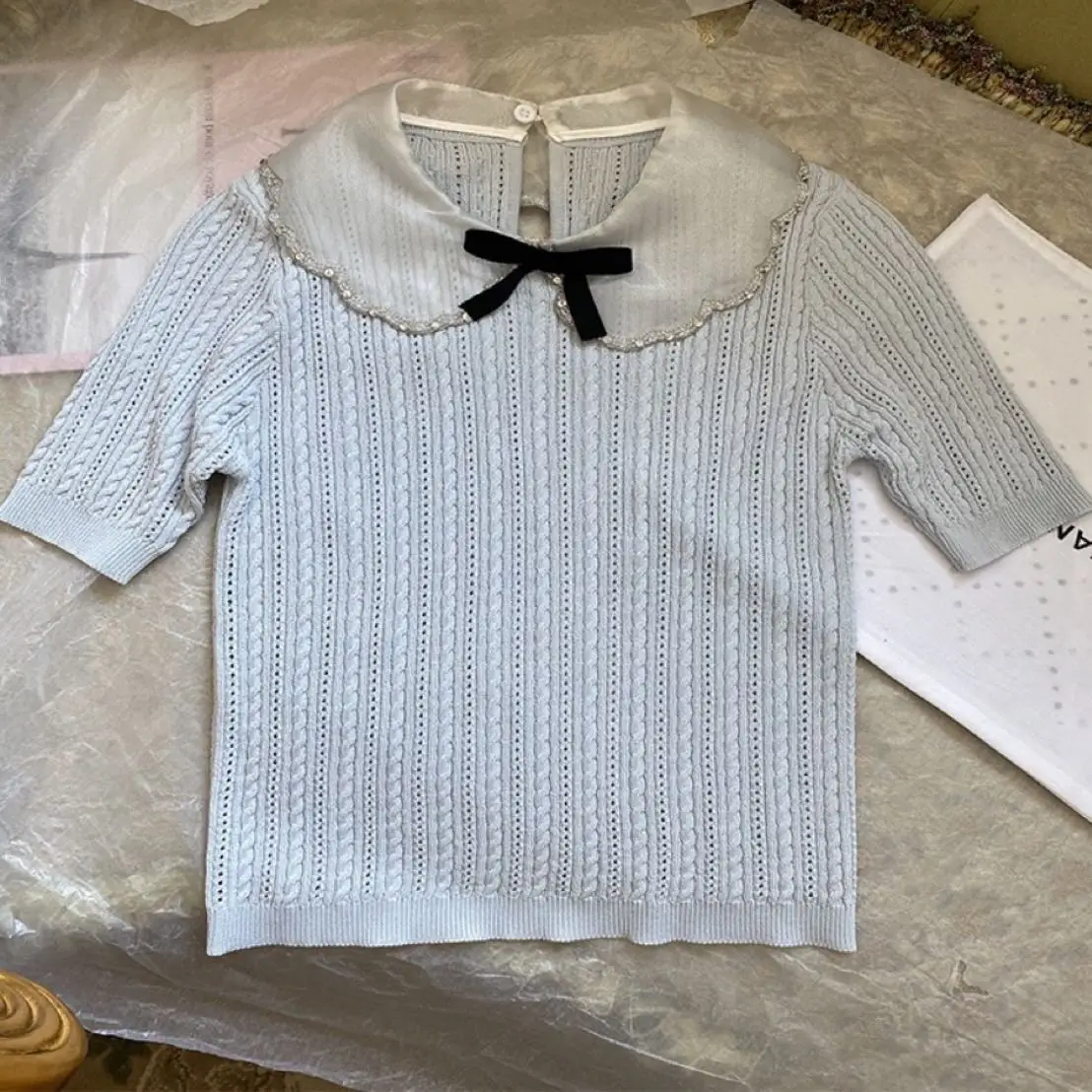 

2023 Summer New Arrival Thin Short Sleeve Knitwear Tees T Shirt Women's Peter Pan Collar Beaded Short Pullover Top