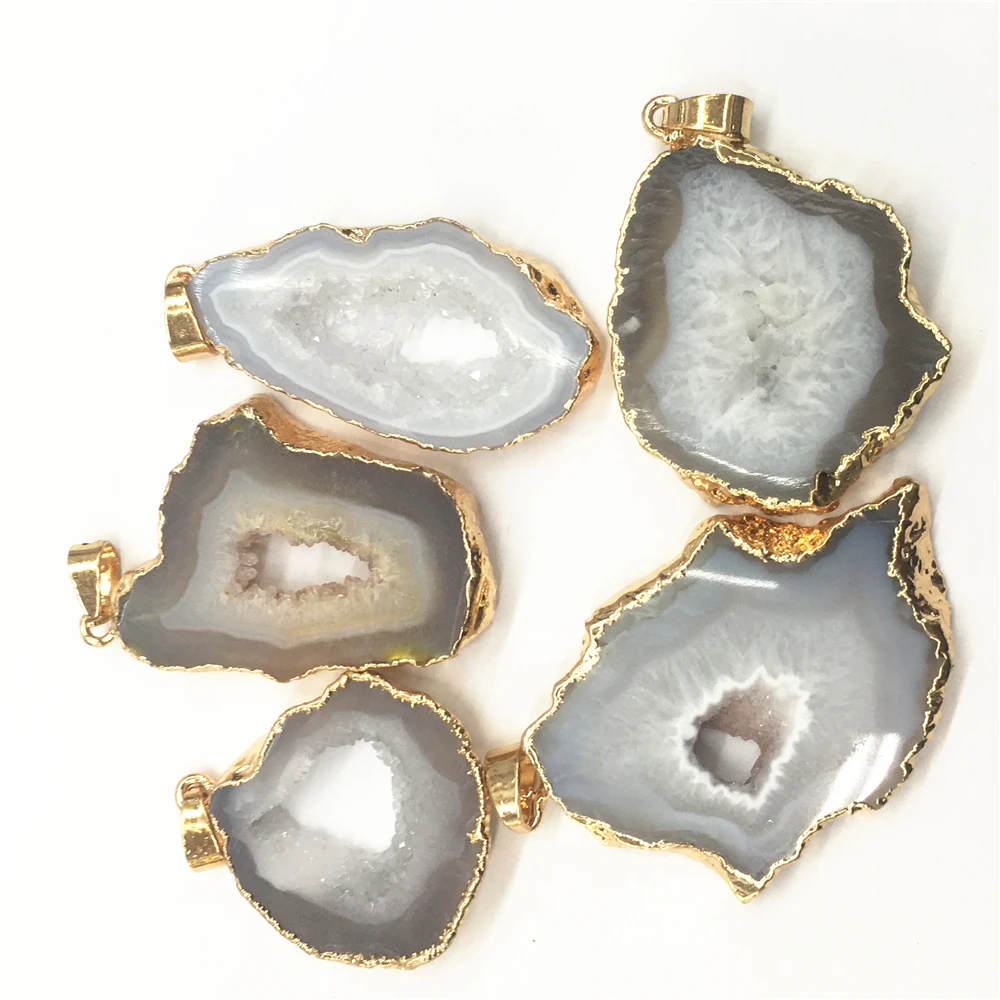 5PCS Natural Stone Brazilian Electroplated Edged Slice Open White Agates Geode Drusy Druzys Pendant For Necklace jewelry Making | Украшения