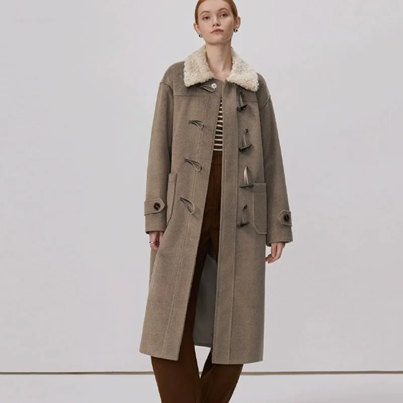 

2023 New Fashion Women Woolen Coat Autumn Winter Temperament Solid Color Thick Long Sleeve Horn Button Woolen Coat Women Y207