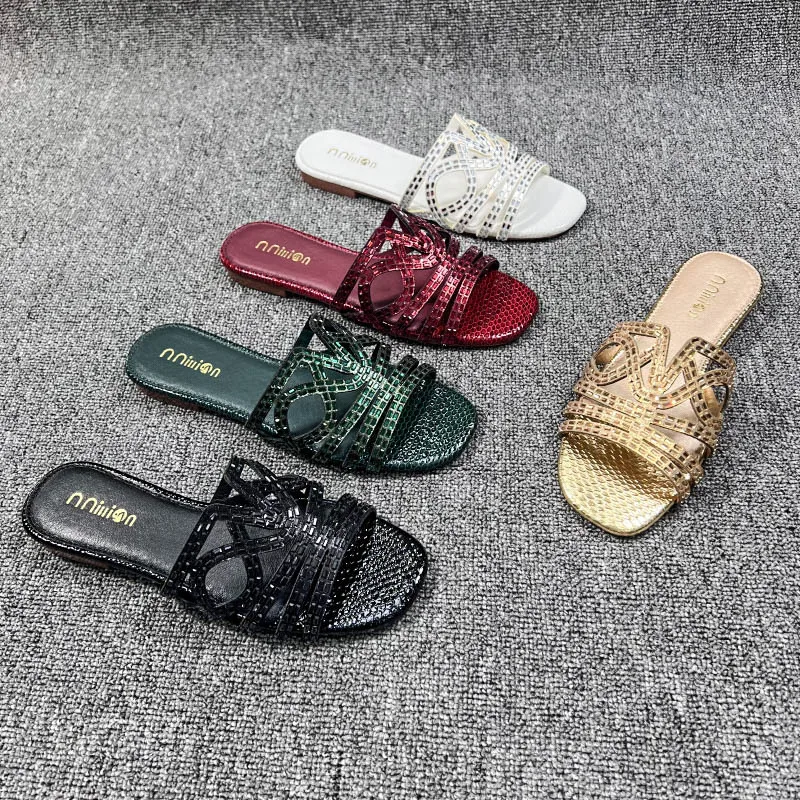 

Summer Rhinestone Slippers Fashion Flat Peep Toe Women's Slippers Beach Casual Flip Flop Sandals Pantuflas De Mujer 2023