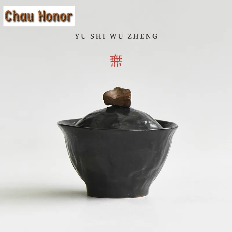 120ml Handmade Wabi-sabi Black Coarse Gaiwan Vintage Tea Tureen Tea Bowl with Lid Kit Tea Making Cover Bowl Drinkware Ornaments