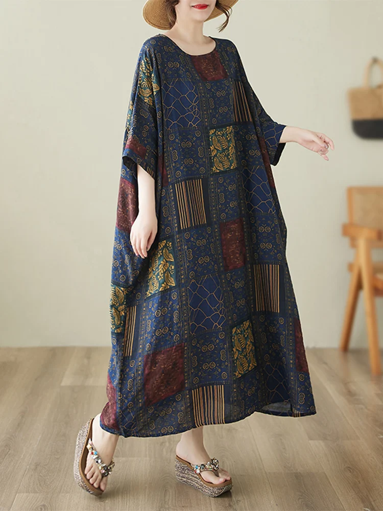 2025 Summer Cotton Vintage Casual Loose Print Dresses For Women Short Sleeve Dress Femme Vestidos Elegant Long Clothing