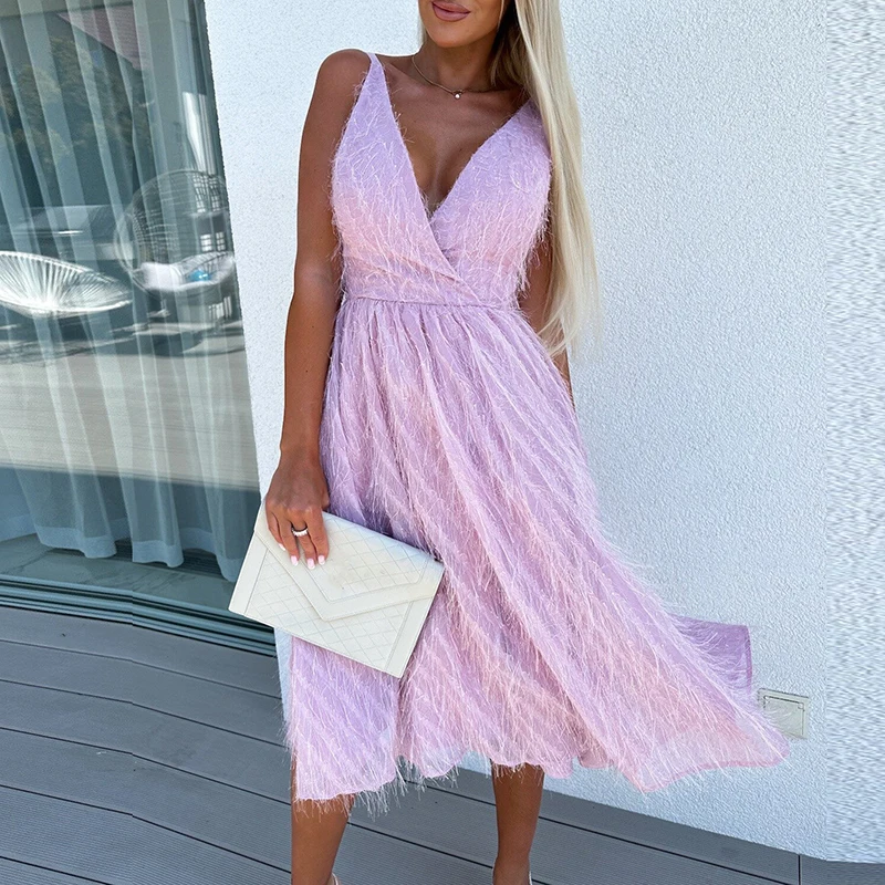 

Elegant Sleeveless Feather Tassel Party Dress Summer Solid Color Backless Long Dress New Fashion Deep V-neck Big Hem Beach Dress