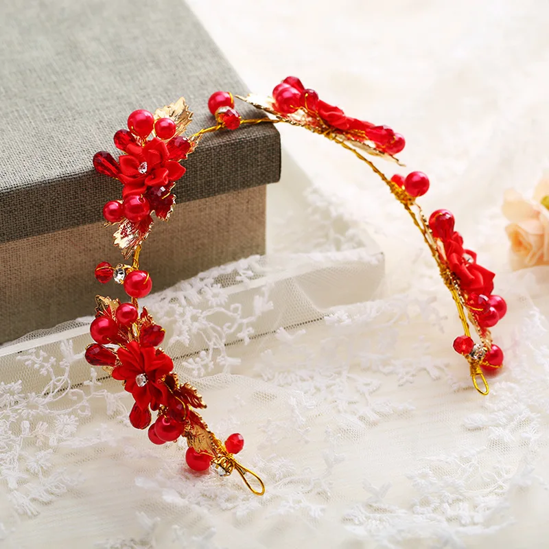 Red Color Crystal Pearl Leaf Headband Hairband Tiara for Women Bridal Wedding Hair Accessories Jewelry Headband Tiara