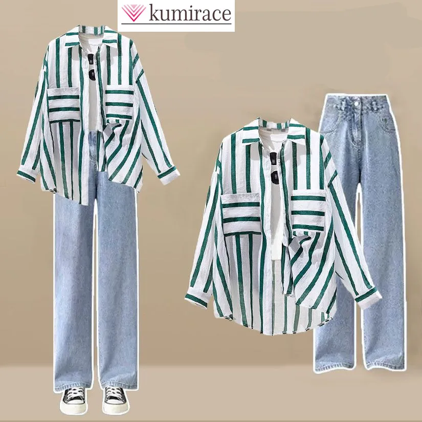 Summer Striped Patchwork Chiffon Shirt Wide Leg Pants Jeans Two-piece Elegant Women\'s Pants Set Casual Outfits Tracksuits