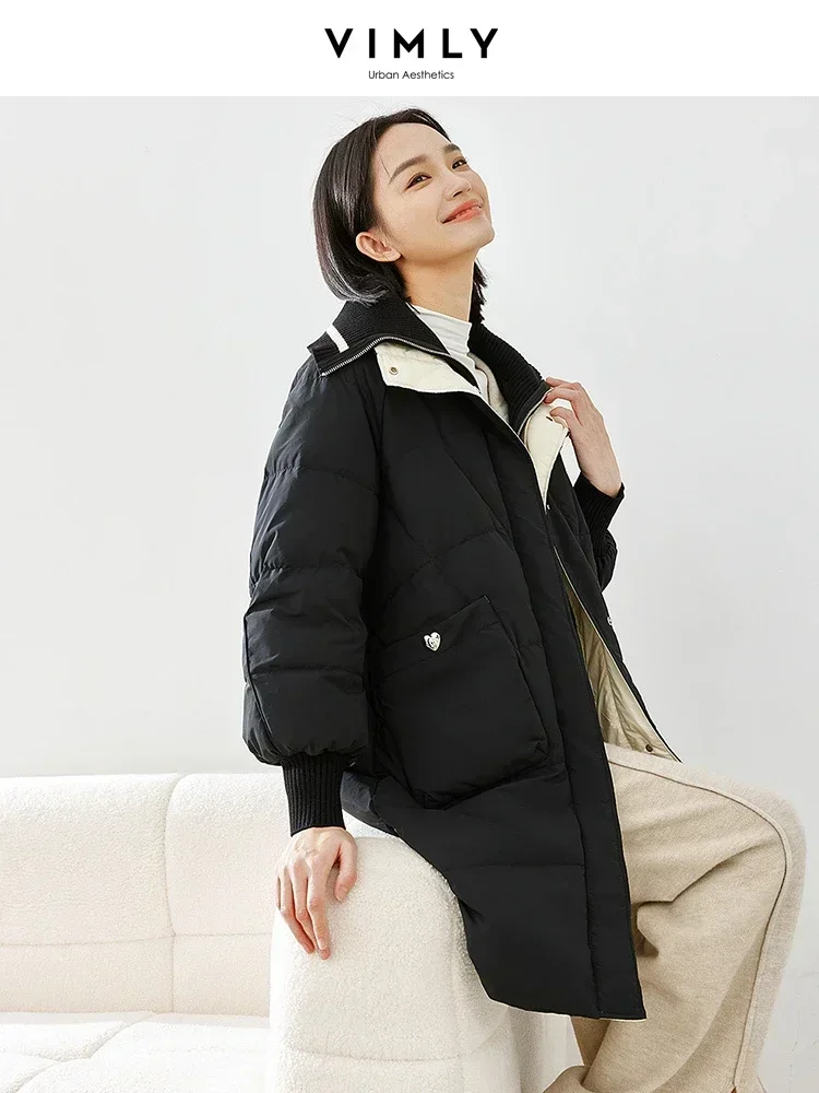 Vimly Contrast Fake 2 Piece Duck Down Coat 2023 Winter Lapel Single Breasted Long Sleeve Thick Warm Jacket Women Outerwear 50626